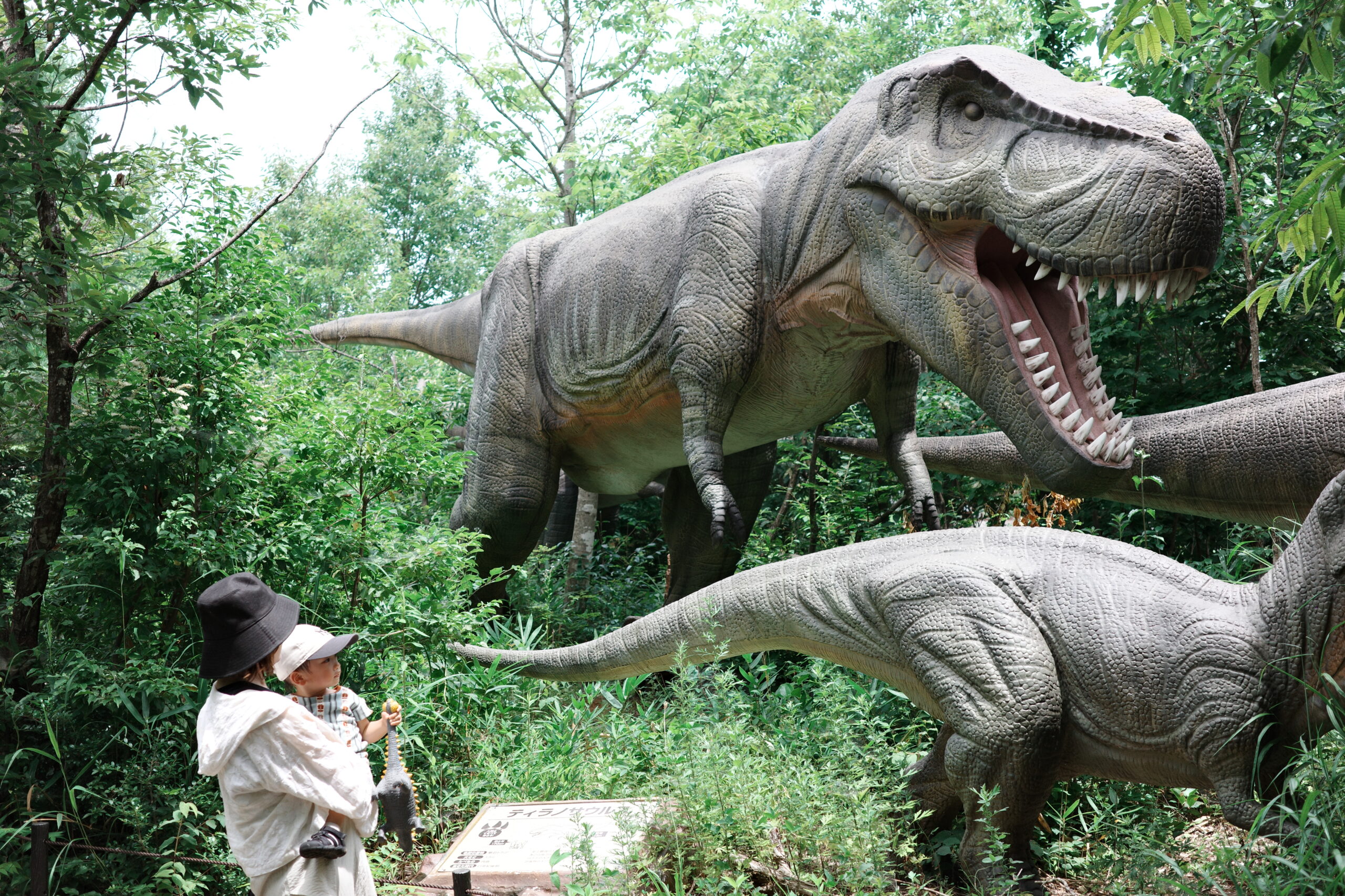 ティラノサウルスを見るママと息子。
